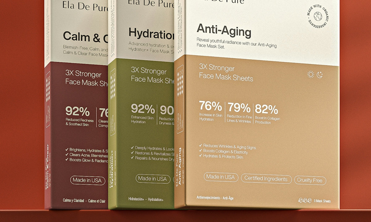 Face mask sheet boxes for various skin concerns are shown.