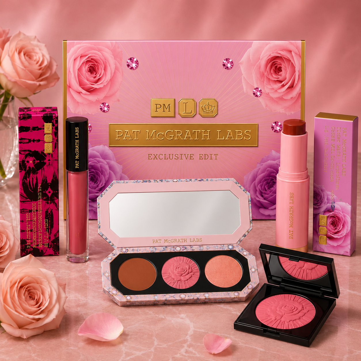 PAT McGrath Labs makeup gift set featuring a pink rose-themed box, a three-pan blush compact, a pressed pink cheek product in a black compact, a lip gloss tube, and a pink cosmetic stick, arranged on a pink marble surface with roses and petals.