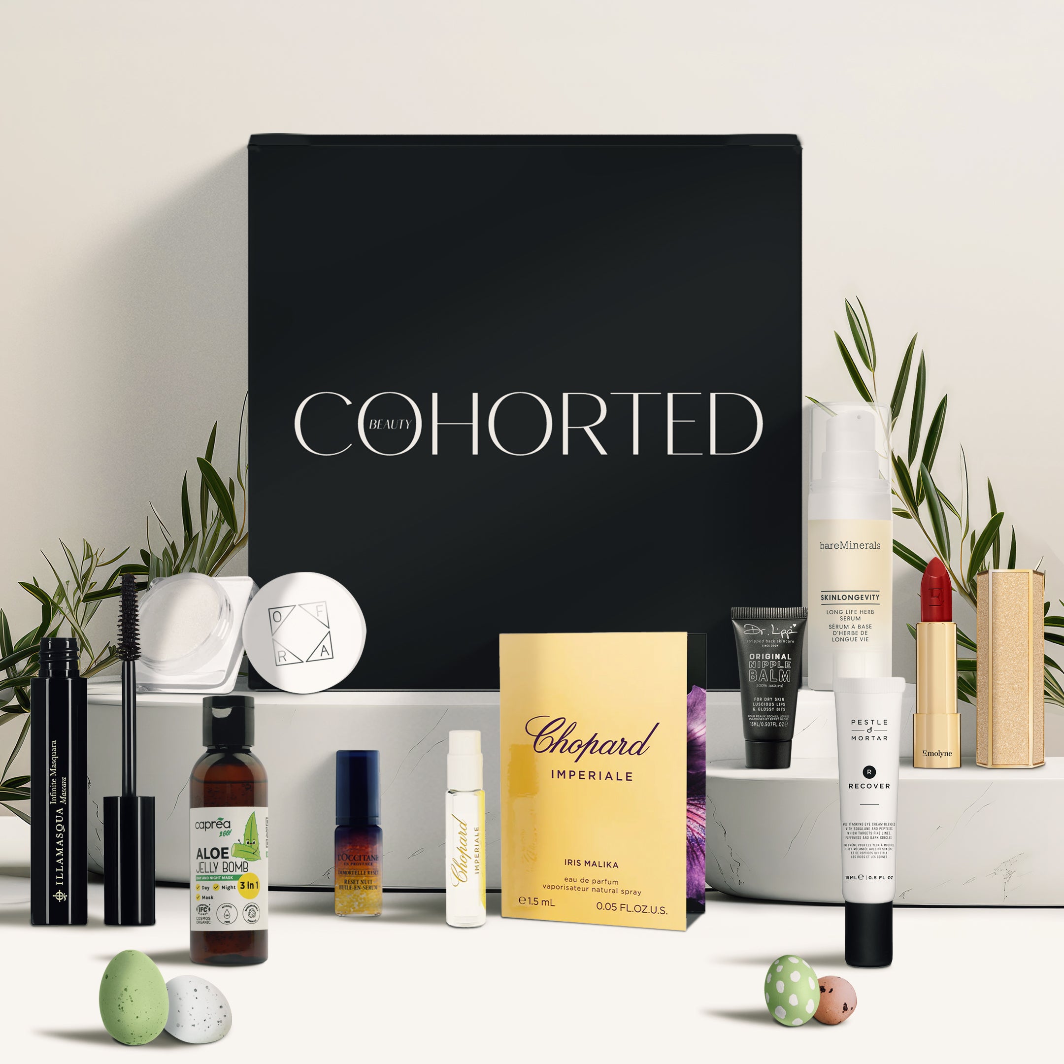 Limited edition Easter beauty box by Cohorted featuring assorted skincare and makeup products in a festive gift set.