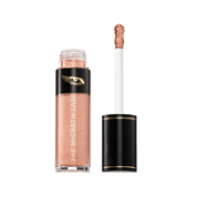 Pat McGrath Labs liquid eyeshadow in a shimmering rose gold shade, shown with the clear bottle, black cap, and applicator wand on a white background. Pat McGrath FetishEYES Longwear Liquid Eye Shadow, Luna Rose